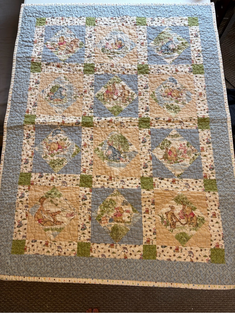 Winnie the Pooh Baby Blanket Blue Patchwork Quilt vintage classic day in park